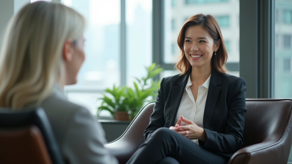 Person sitting in modern coaching space with presentation materials, relaxed posture, natural window lighting