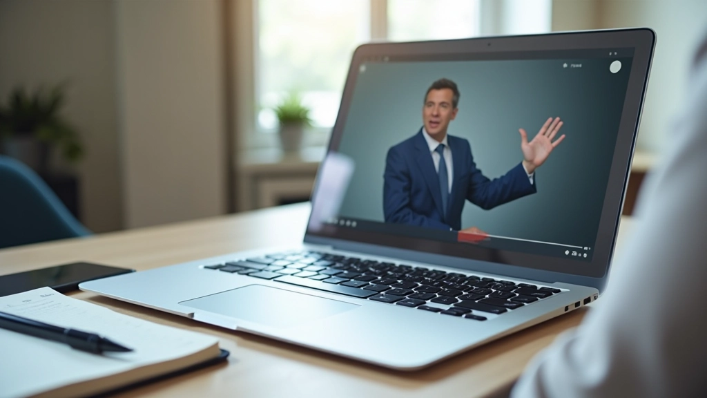 Laptop screen showing recorded presentation playback with notes, desk setup with notebook and pen, study space
