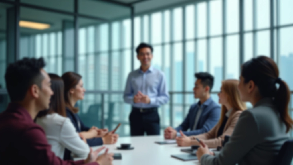 Group practicing presentation skills in professional Hong Kong office environment