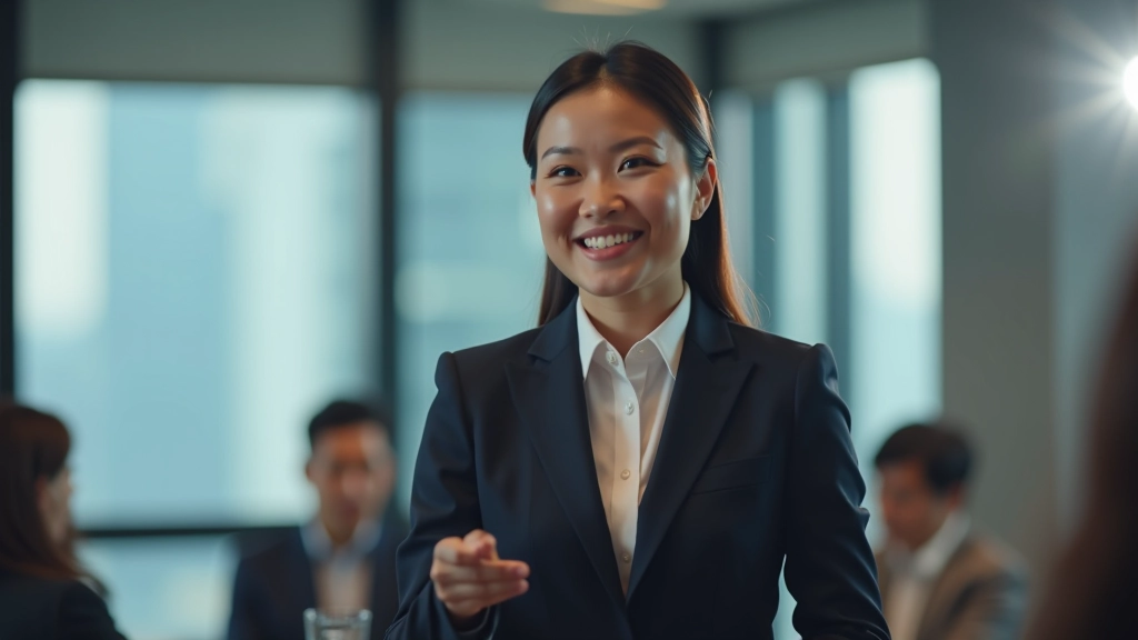 Speaker making eye contact with audience member in front row, relaxed confident body language, Hong Kong conference room with natural light
