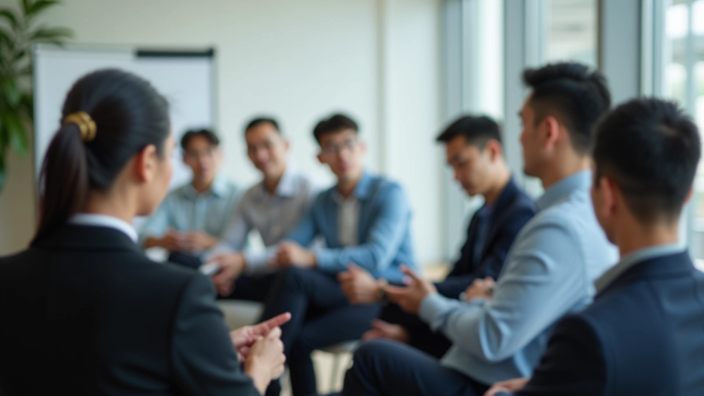 Group of Toastmasters members sitting in semicircle, one person standing presenting, others taking notes during feedback session