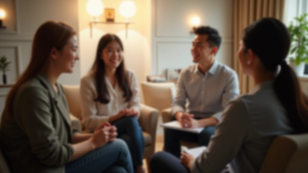 Small group of people sitting in circle during speaking practice, supportive environment, warm lighting