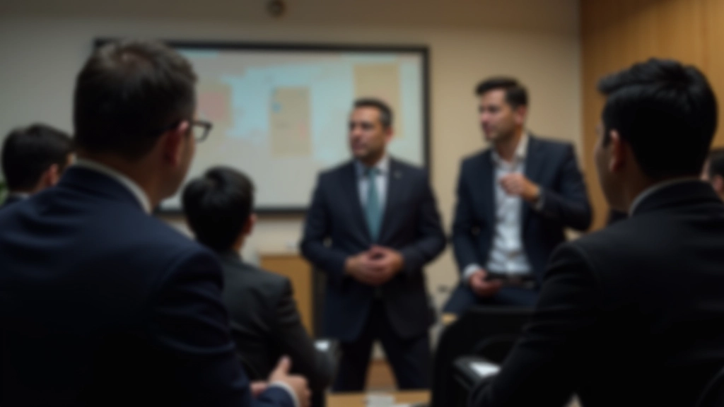 Group of diverse professionals in circle formation during speaking practice event, engaged expressions, indoor training space