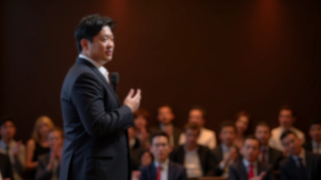 Speaker standing center stage, audience giving standing ovation in background, confident posture with hand on chest, warm stage lighting