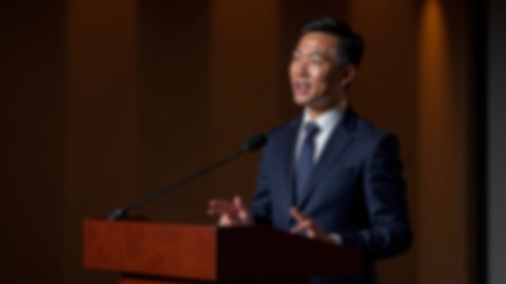 Professional speaker at podium with audience listening attentively, Hong Kong convention center, warm lighting, confident posture, sharp focus