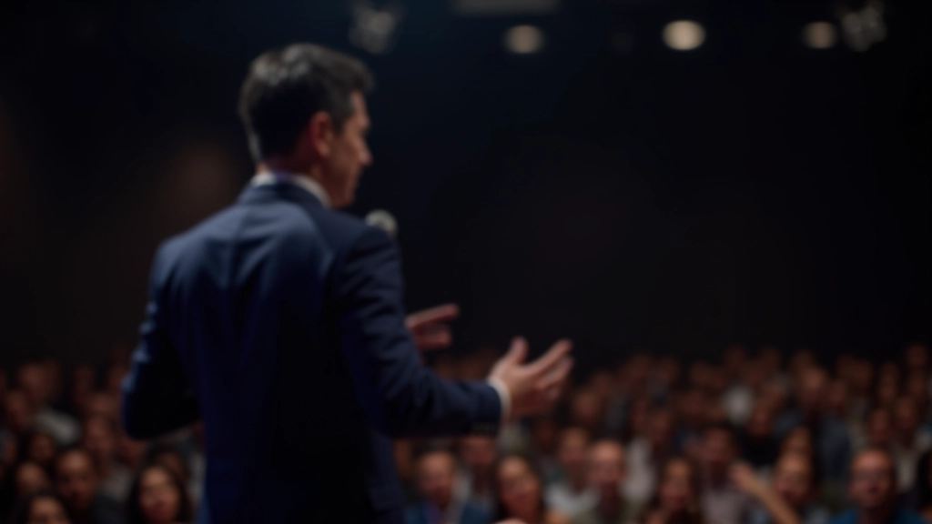 Professional speaker confidently presenting on stage with engaged audience in background, bright auditorium lighting