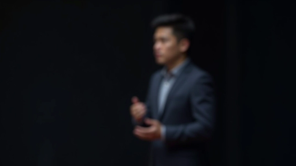 Speaker demonstrating purposeful hand gestures and open body posture on stage, engaging with audience through physical presence