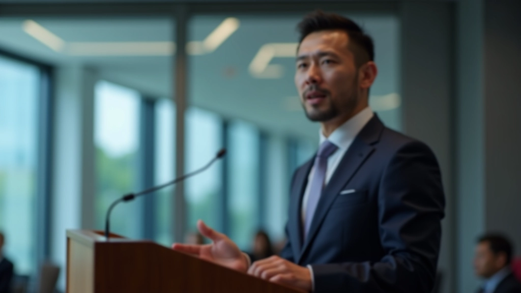 Close-up of speaker at podium in professional setting, demonstrating confident hand positioning and posture during presentation