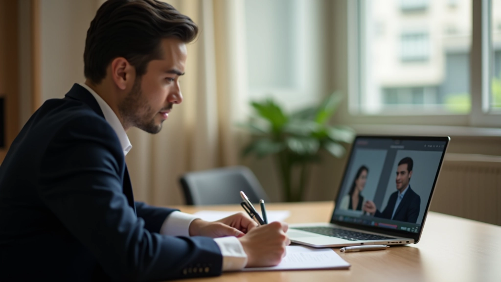 Professional setting with laptop displaying video playback of presentation, notepad with feedback notes, warm office lighting