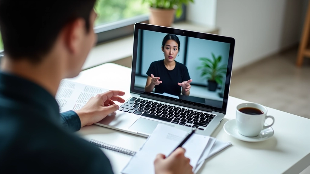Person at desk reviewing presentation recording on laptop screen, thoughtful expression, notebook with feedback