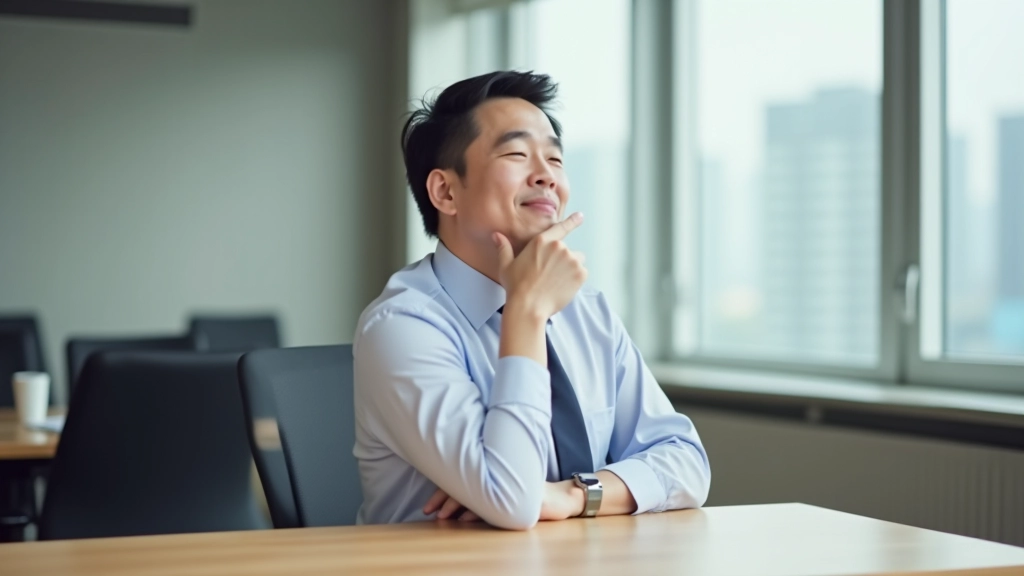 Person sitting at desk taking deep breaths, calm office environment, soft natural lighting