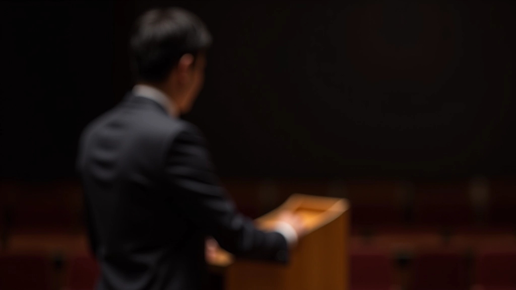 Person standing confidently at podium during practice presentation, good posture, engaged expression