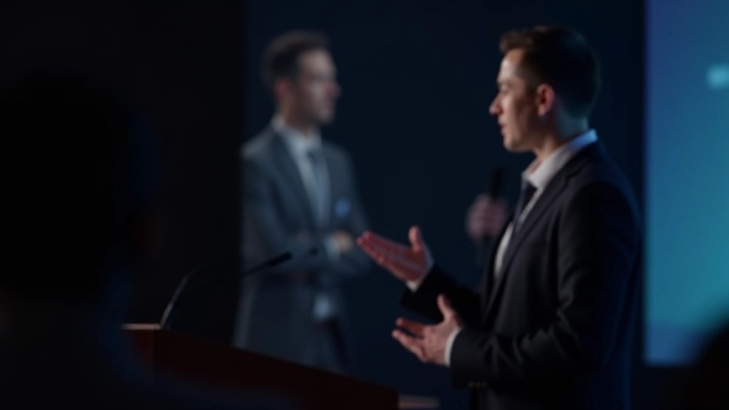 Professional speaker on stage using hand gestures, maintaining eye contact with audience, confident body language and vocal expression