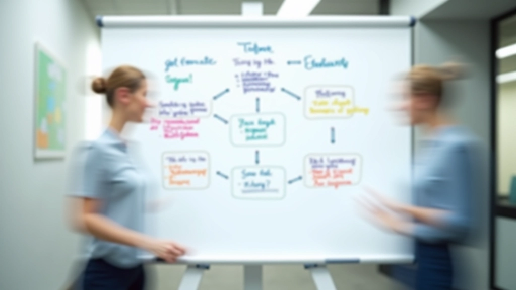 Whiteboard showing three connected boxes labeled Opening, Message, Closing with arrows flowing between them, colorful markers visible