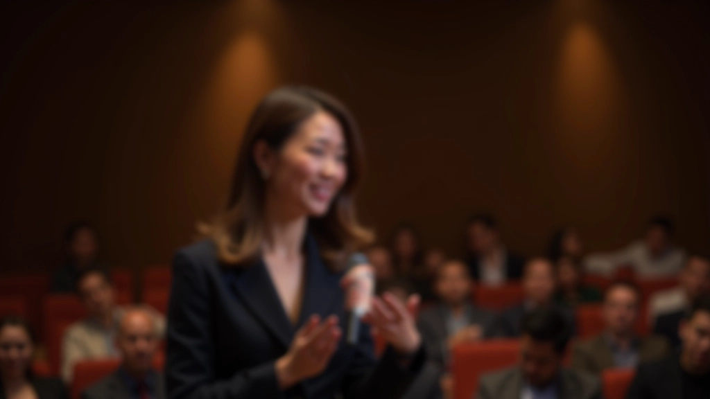 Person speaking to audience with animated facial expressions and hand gestures, demonstrating vocal enthusiasm and body language engagement