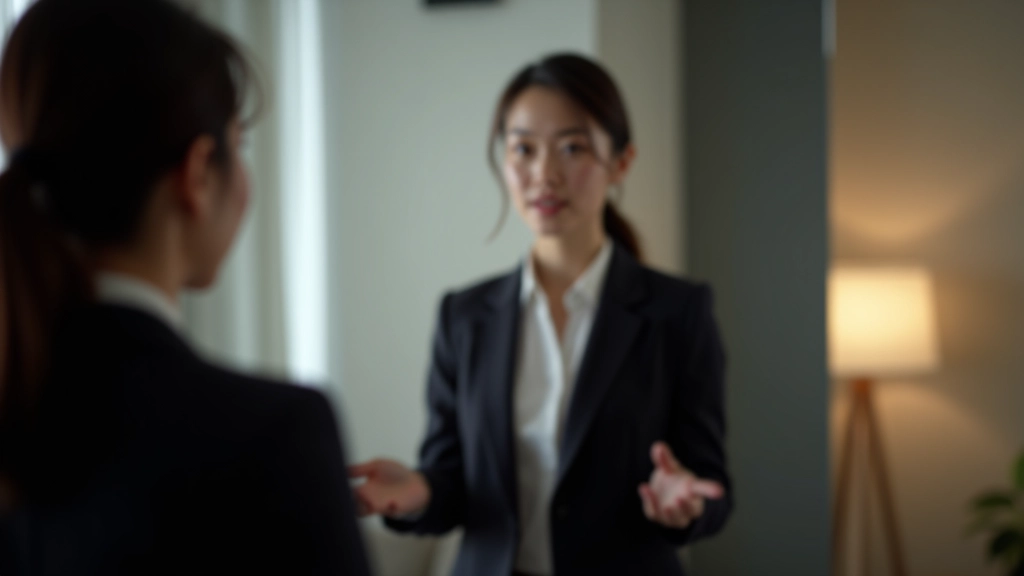 Professional woman practicing presentation in front of mirror, confident posture, modern home office setting